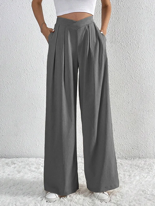 Solid Color Pleated Wide Leg Loose Trousers Pants