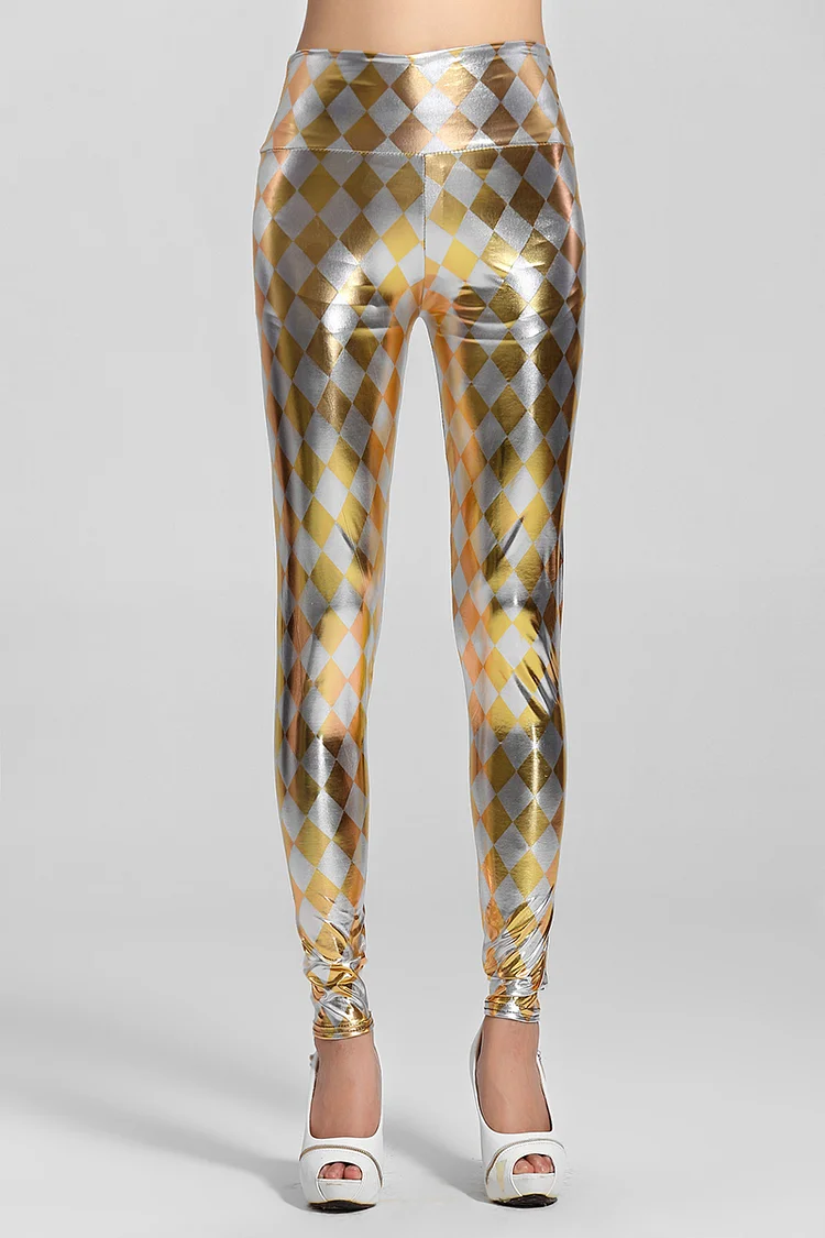 Shiny Plaid Metallic Coated Festival Fabric Hight Waist Legging Pants