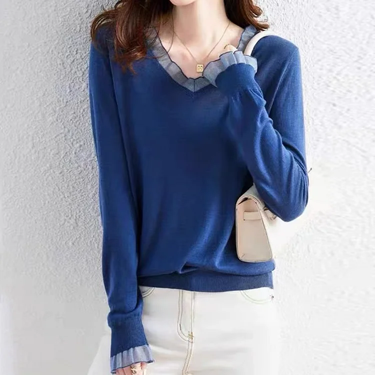 Paneled Casual Knitted Long Sleeve Sweater QueenFunky