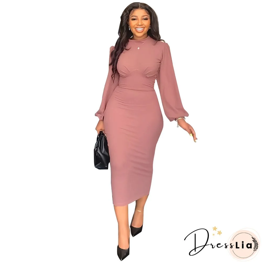 Elegant Solid Lantern Sleeve Maxi Pencil Dress