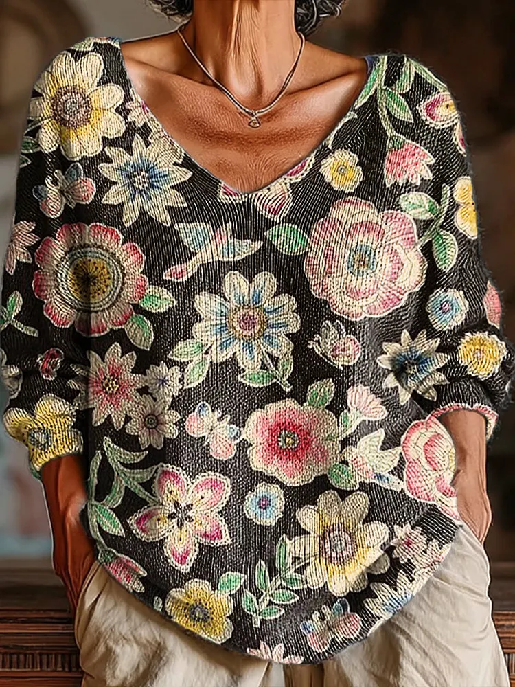 Women's Vintage Ethnic Floral Painting Art Print Casual Pullover Sweater
