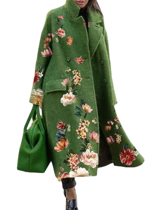 Autumn and winter long woolen coat solid color temperament commuter beltless lapel loose-fitting woolen green coat 214