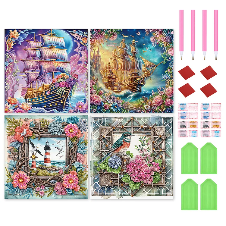 4Pcs Boat - Special Shaped Drill Diamond Painting - 30*30CM(Canvas)