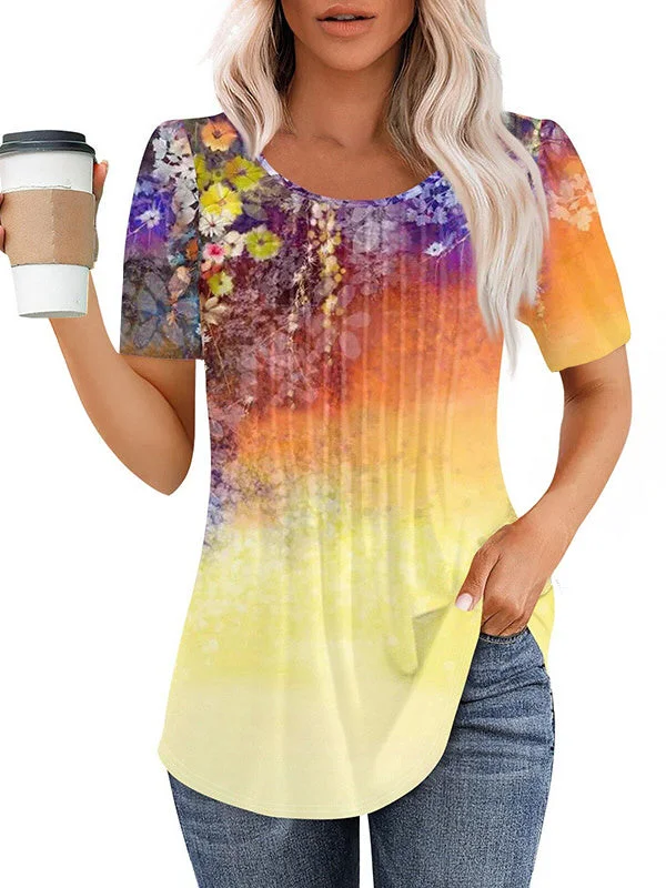 Women's Short Sleeve Scoop Neck Floral Printed Graphic Tops