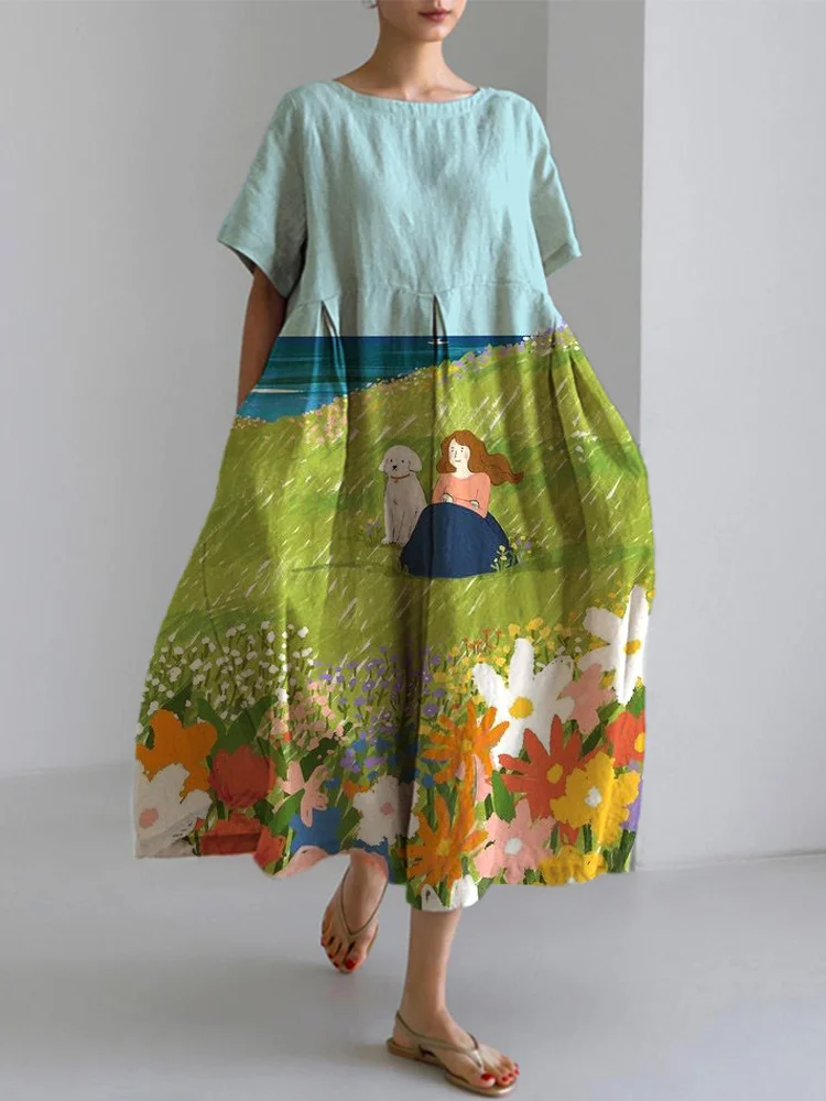 Girl And Dog Oil Painting Print Dress