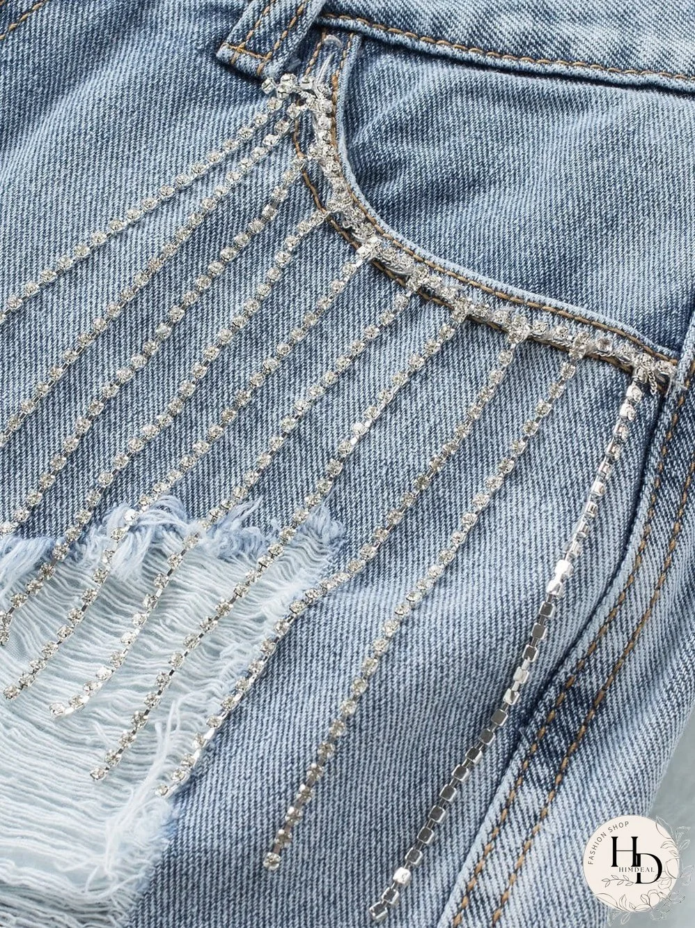 Unique Rhinestone Tassel Denim Shorts