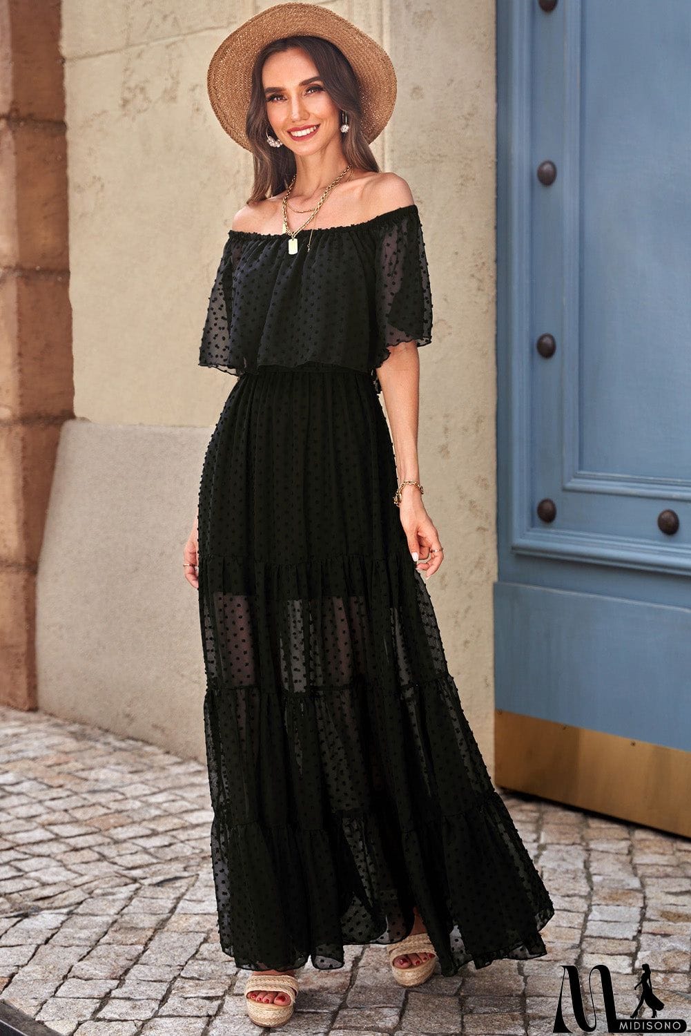 MidiSono - Rust Red Off Shoulder Ruffle Swiss Dot Maxi Dress