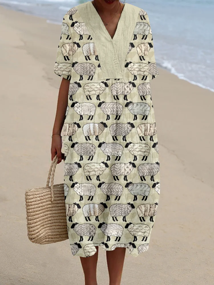Sheep Wearing Sweaters Pattern Linen Blend Maxi Dress
