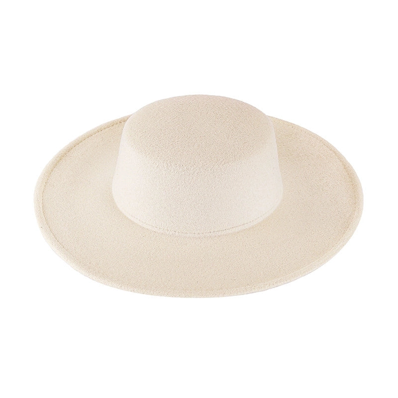 Autumn And Winter Flat Top Woolen Hat Big Brim Felt Hat Female Jazz Hat French Hepburn Style