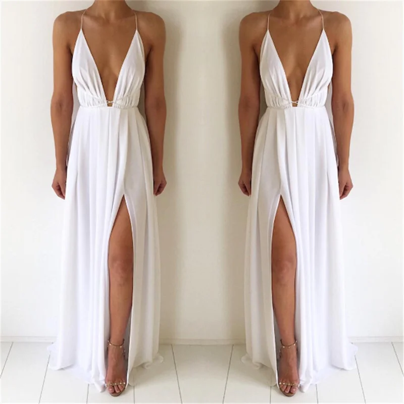 Fashion Sexy V-neck Low Chest Suspender Backless Women's Chiffon Dress