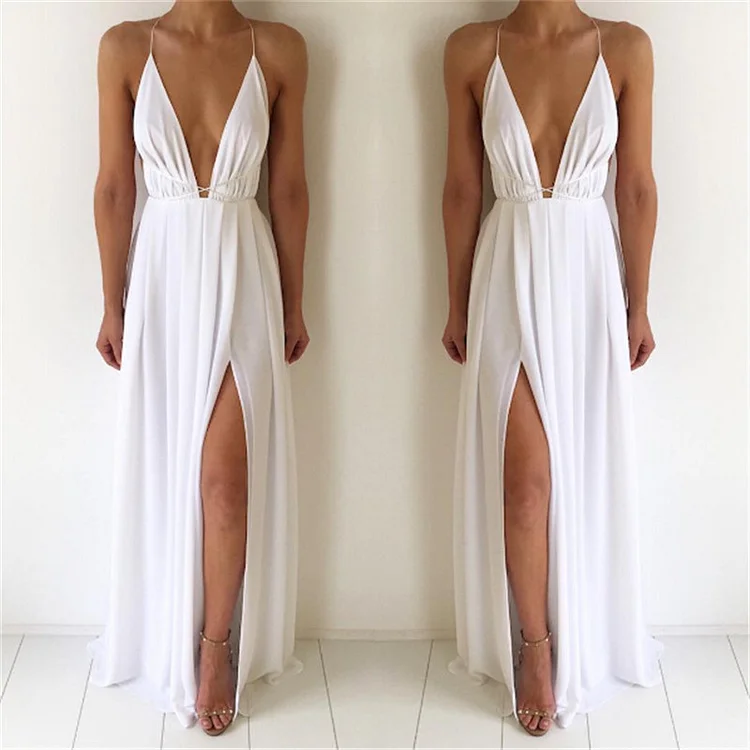 Fashion Sexy V-neck Low Chest Suspender Backless Women's Chiffon Dress