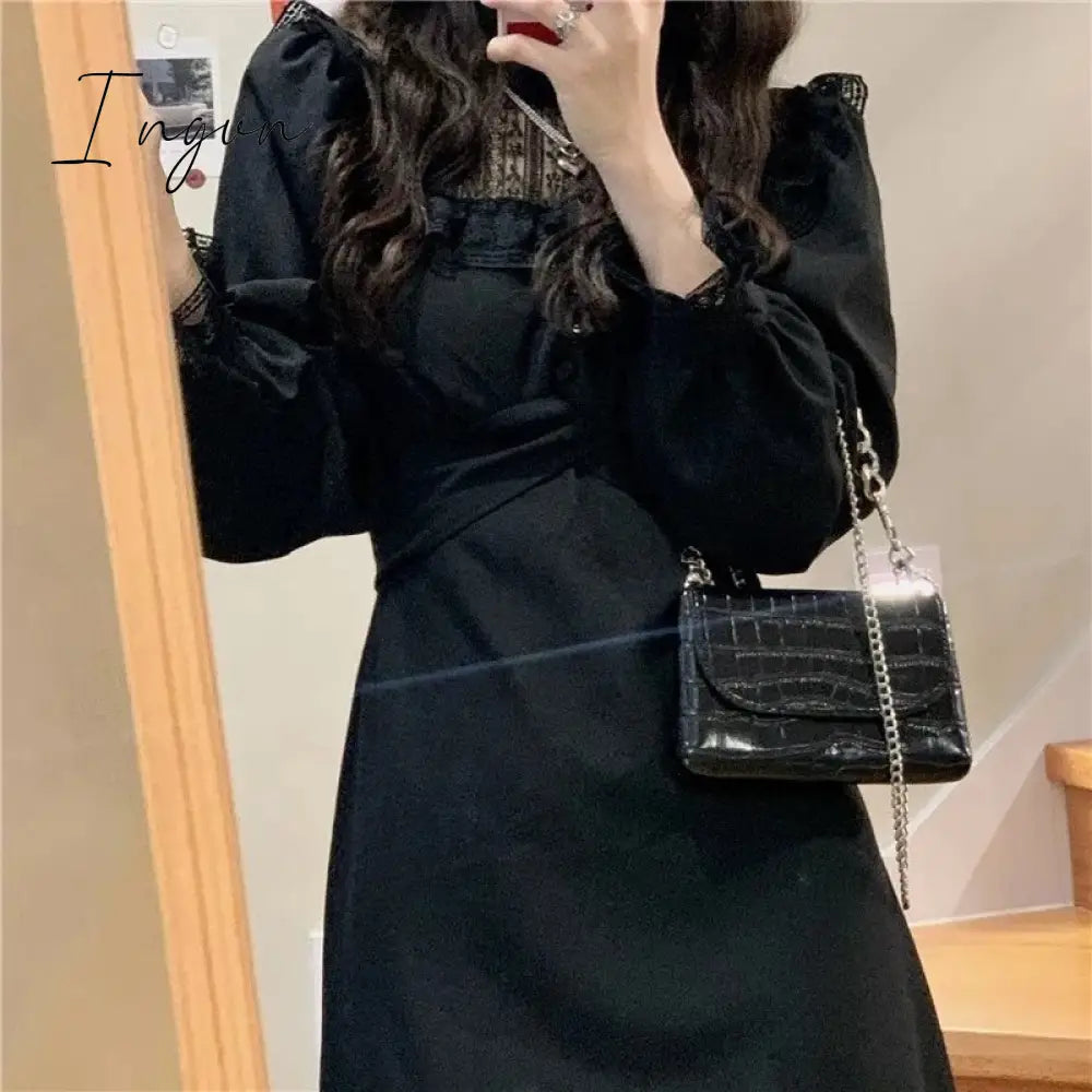 Ingvn - French Lace Vintage Dress Women Fashion Puffer Sleeve Elegant One Piece Korean Spring High