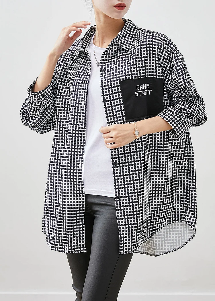 Casual Black Oversized Plaid Spandex Blouse Top Fall