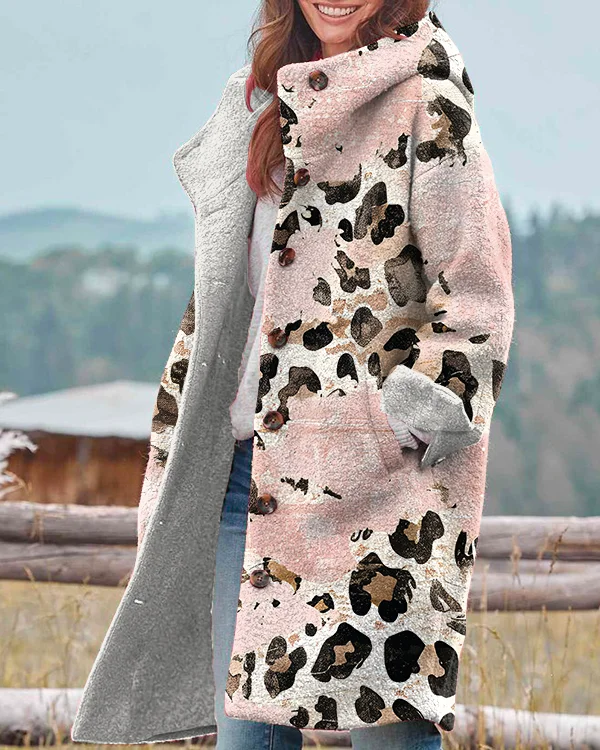 Vintage Pink Leopard Print Hooded Casual Jacket