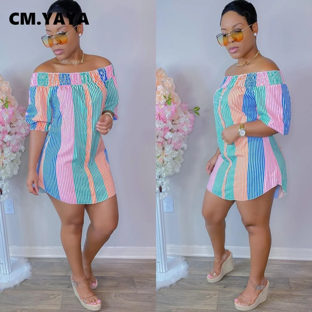 CM.YAYA Women Mini Dress Print Short Sleeve Off Shoulder Straight Loose Dresses Sexy Fashion Vestidos Outfit Summer 2021