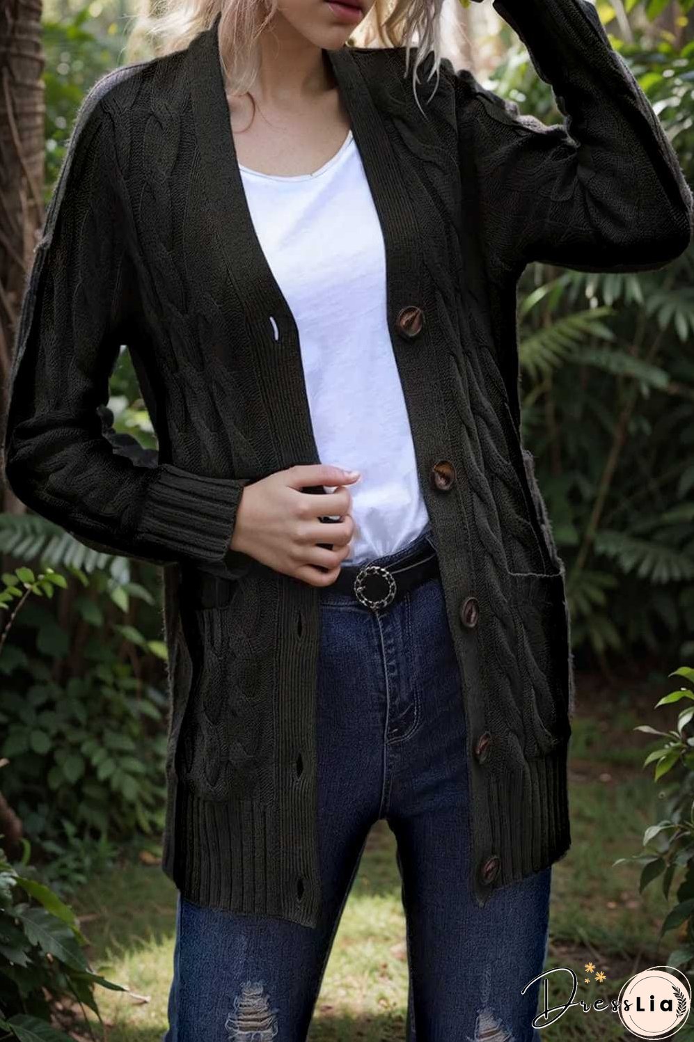 cozy cable knit button front long sleeve cardigan