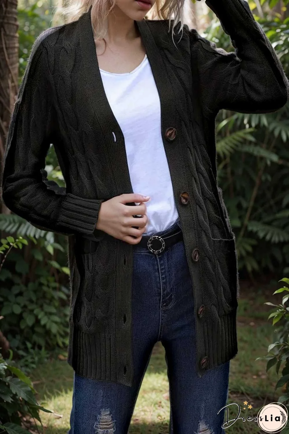 cozy cable knit button front long sleeve cardigan