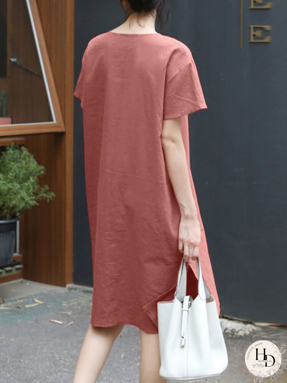 Solid Pocket Slit Hem V-neck Rolled Short Sleeve Dress