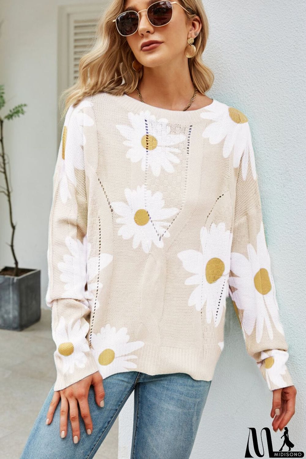 MidiSono - Daisy Print Openwork Round Neck Sweater