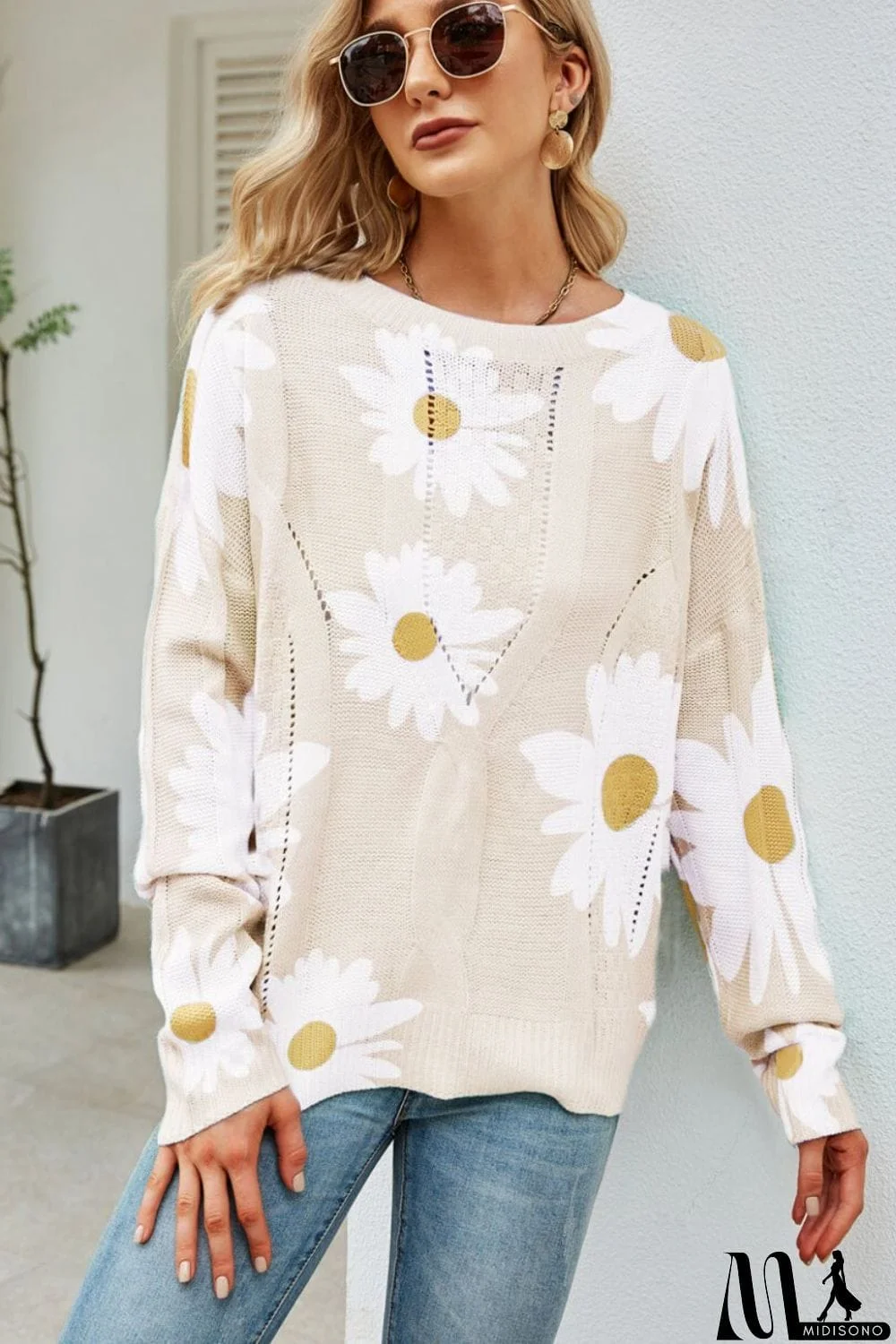 MidiSono - Daisy Print Openwork Round Neck Sweater