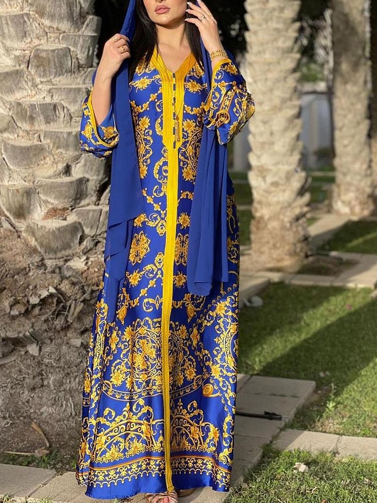 Blue v neck printed robe dress
