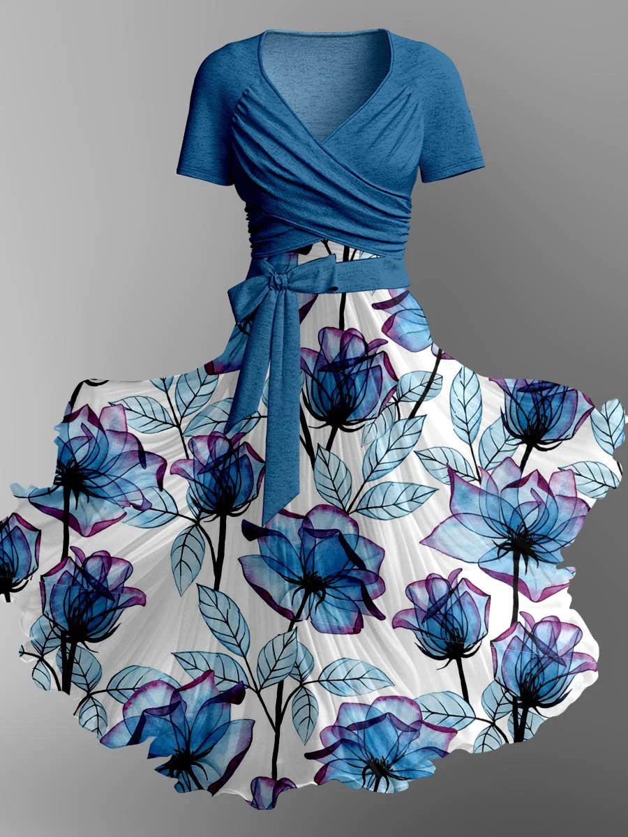 Retro Floral Art Print V-Neck Short Sleeve Two-Piece Midi Dress