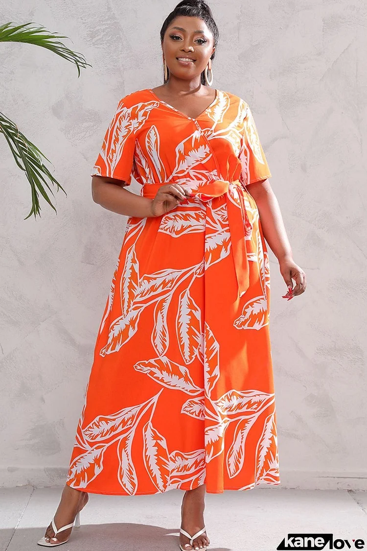 Plus Size Printed Surplice Short Sleeve Maxi Dress