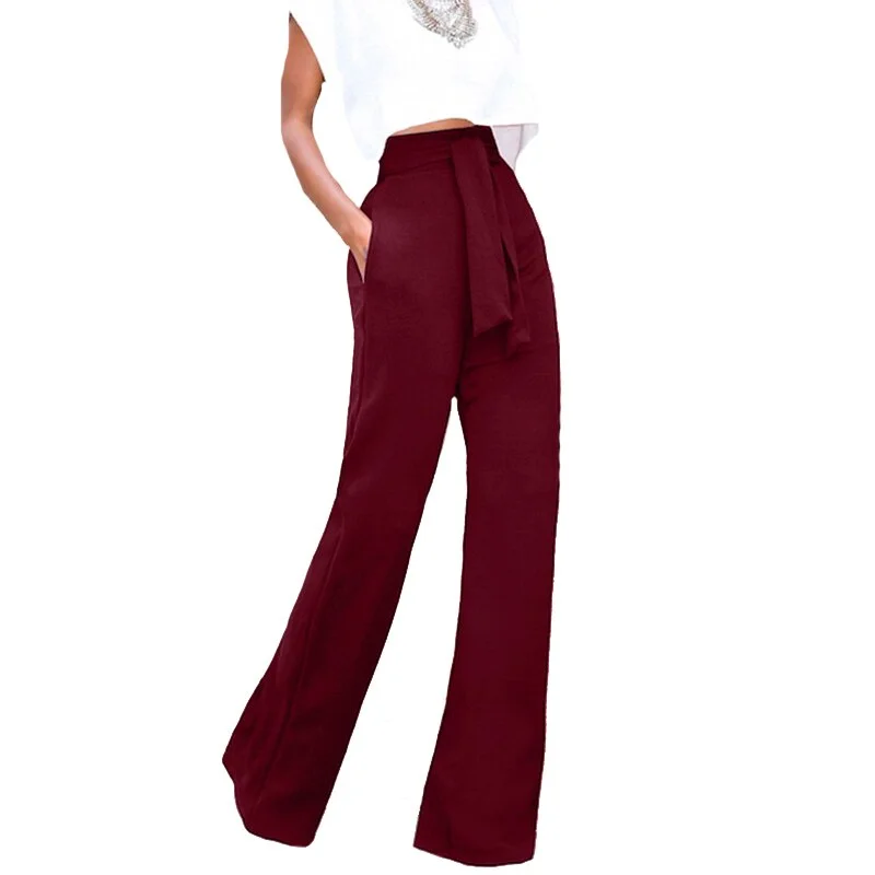 CUHAKCI Bandage Waist Casual Black Wide Leg Pant Women Womens Autumn Elegant Fashion Female Red Flare Trousers