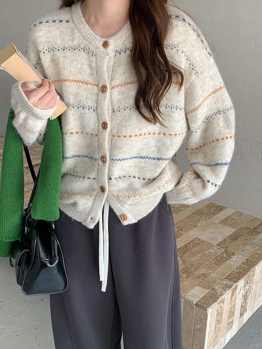 Nigikala Nigikala Morning Capture Gentle Korean Vintage Striped Knitted Cardigan Sweater ZY3654
