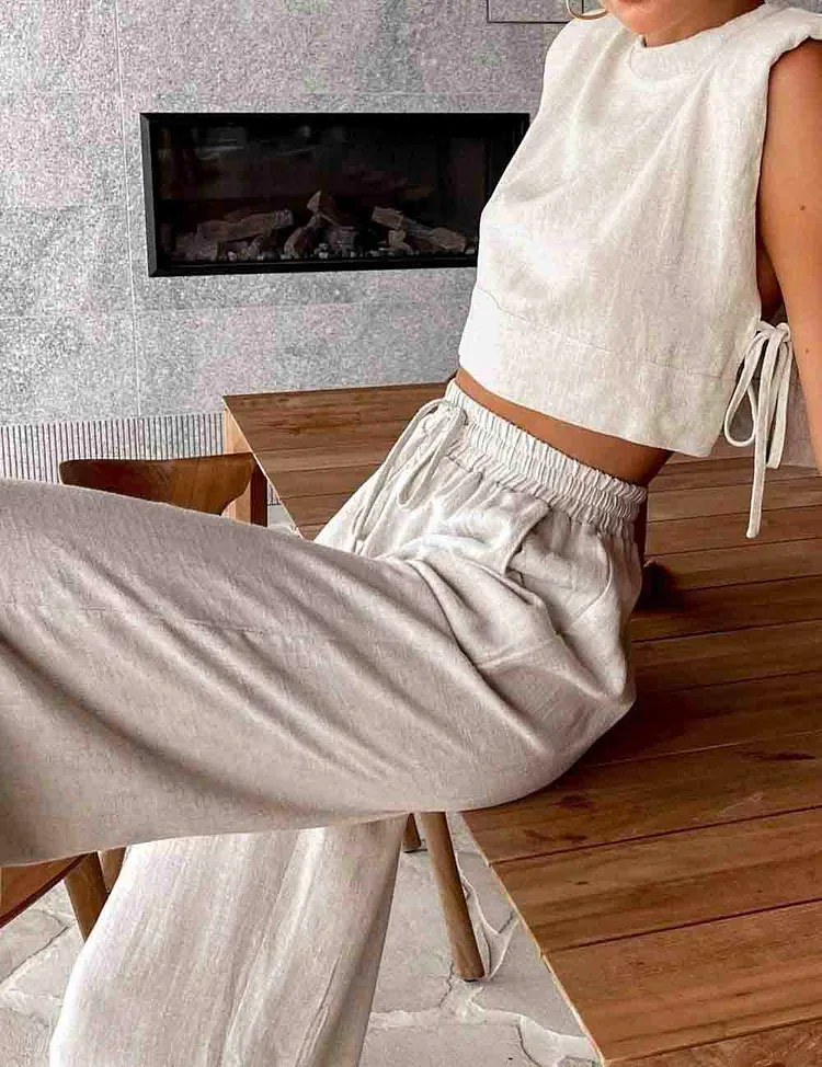 Linen Sleeveless Crop Top and Pants 2PCS Set