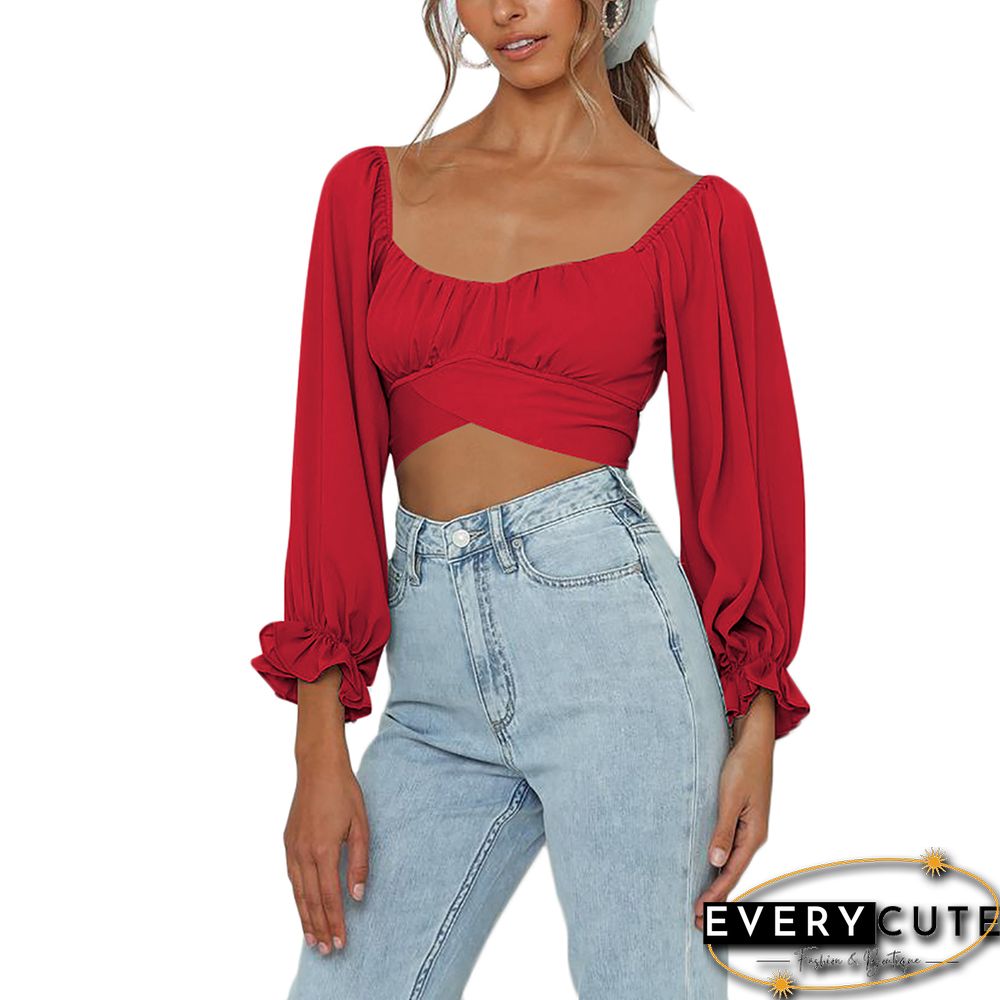 Red Long Sleeve Off Shoulder Crop Tops