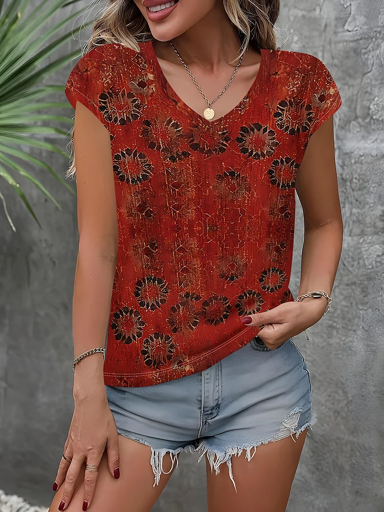 Lightweight Vintage Floral Print V-Neck T-Shirt For Women | Polyester Blend, Casual Summer Top With Orange & Brown Floral Design, Machine Washable - Perfect For Vacation Or Casual Attire