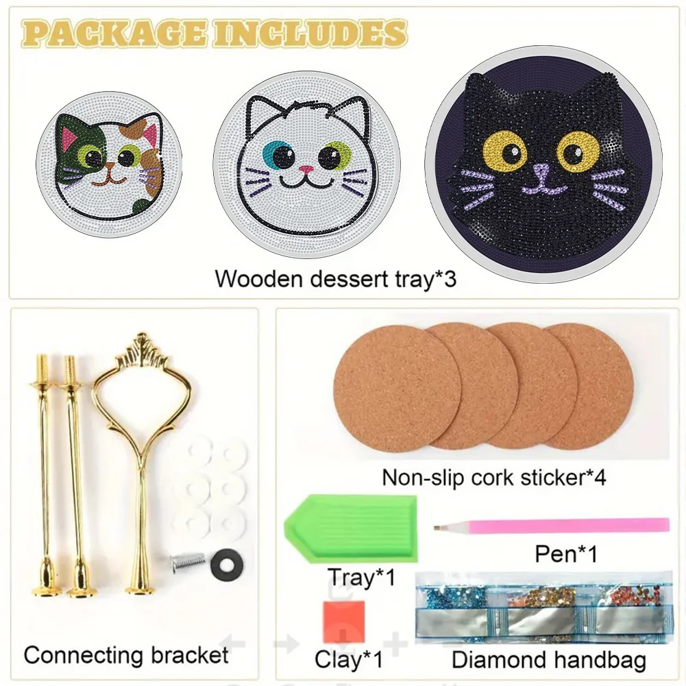 3 Tier 5D DIY Cat Acrylic Diamond Painting Cupcake Stand for Kitchen Table Decor 