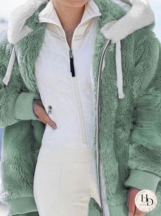 Coats Loose Zipper Hooded Plush Coat for Women