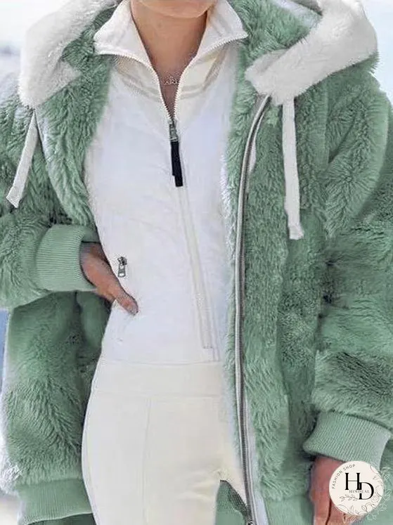 Coats Loose Zipper Hooded Plush Coat for Women