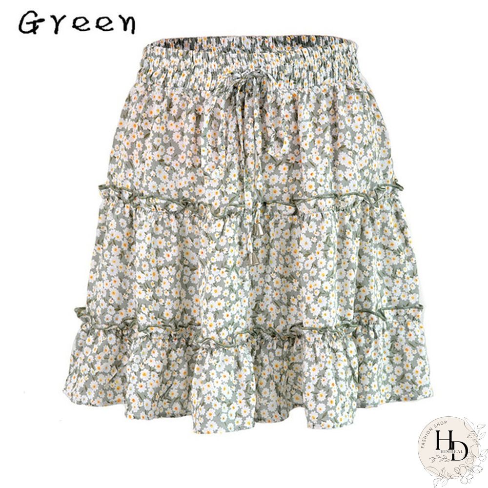 Women Fashion Casual Floral Short Skirts Summer High Waist Pleated Printed Beach Skirt