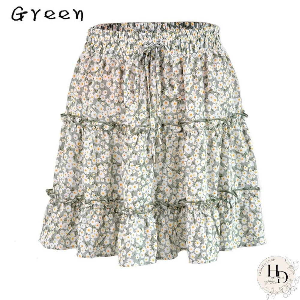 Women Fashion Casual Floral Short Skirts Summer High Waist Pleated Printed Beach Skirt