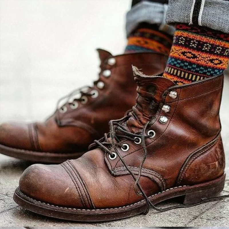 Men's Vintage Western Style Lace-up Leather Boots-inspireuse