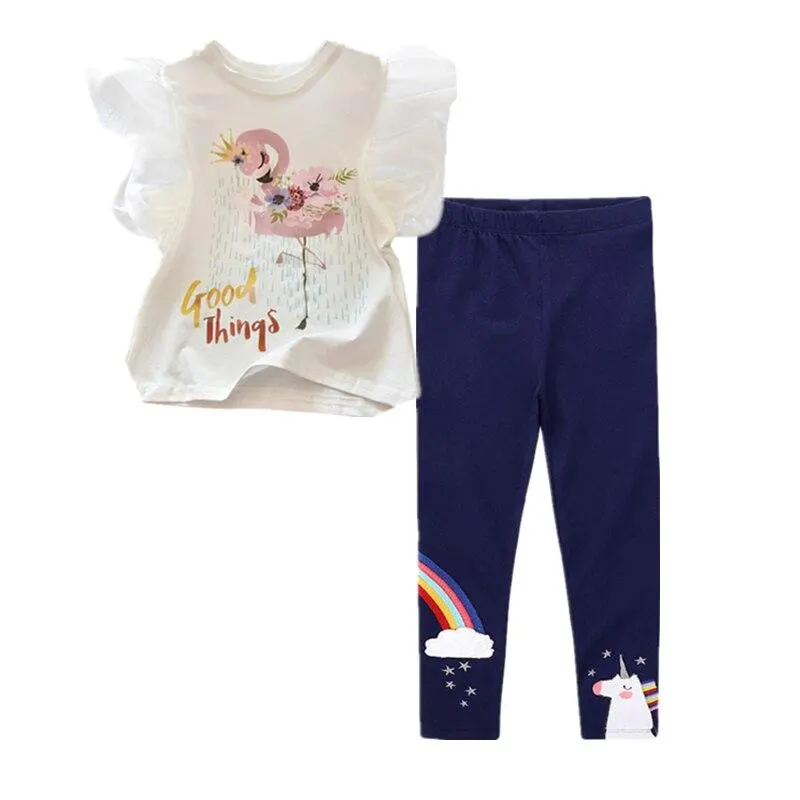 Two Pieces Kids Children Girls Clothes Set Little Girl Summer Cartoon Print T Shirt and Pants Leggings Outfits Clothing 2pcs