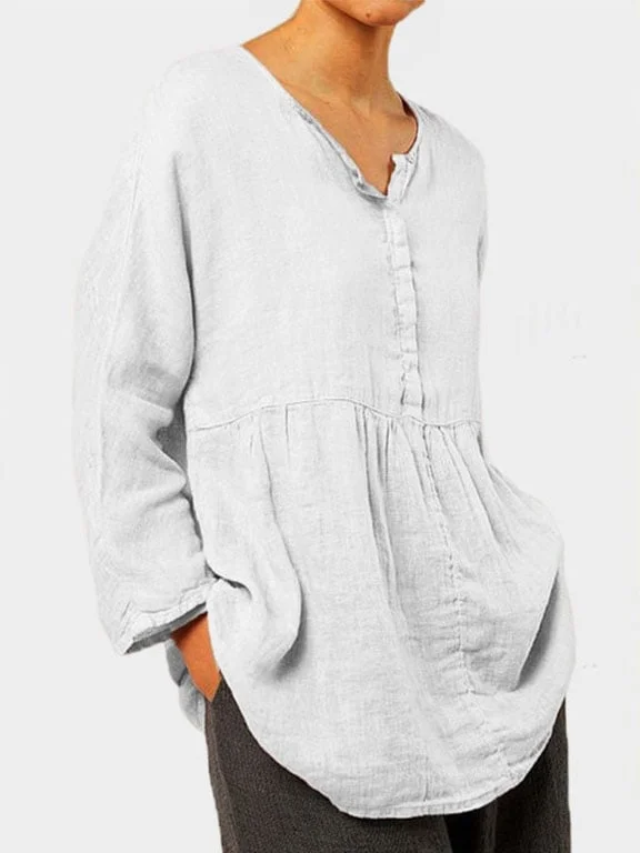 Casual V-Neck Solid Color Long-Sleeved Shirt