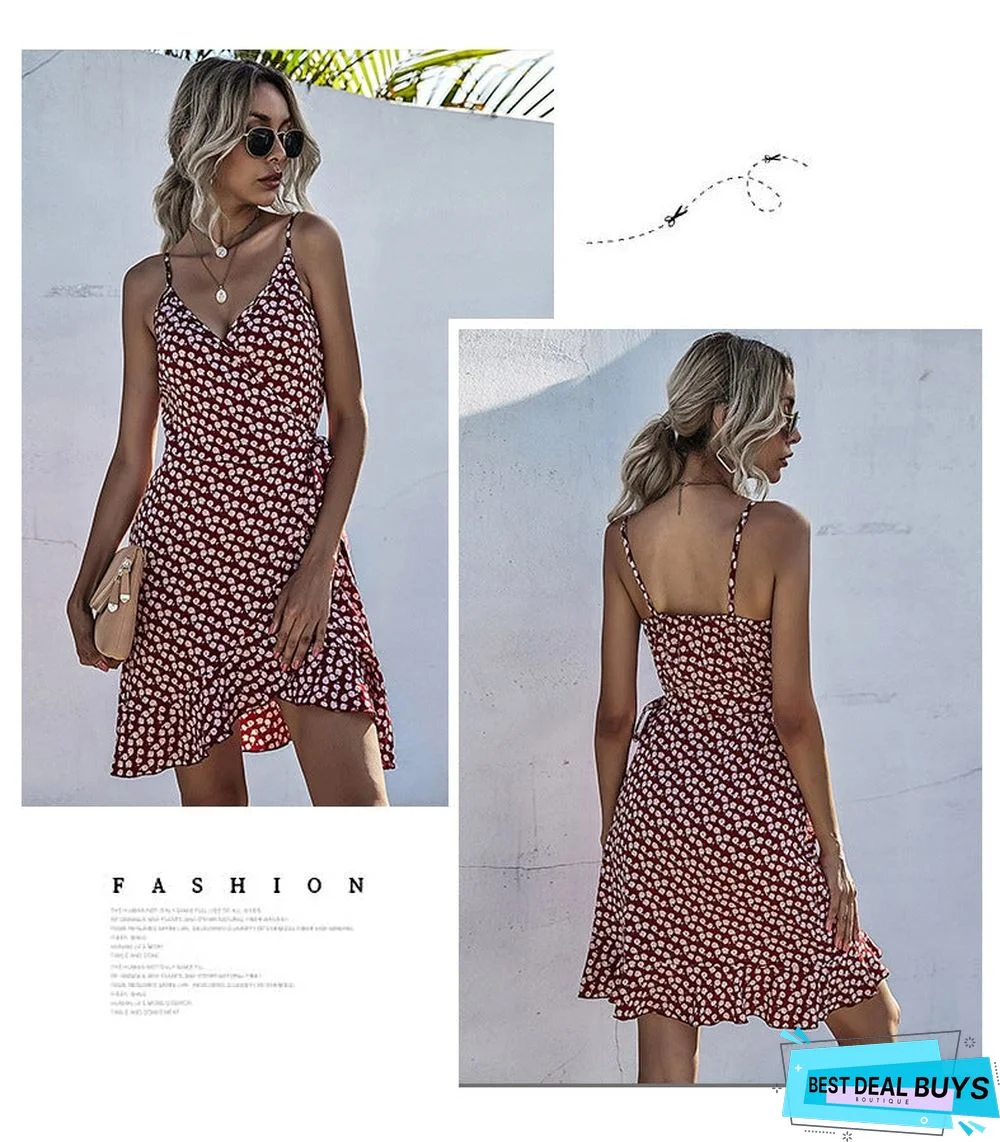 Summer Printing Irregular Ruffled Suspenders Dress Women