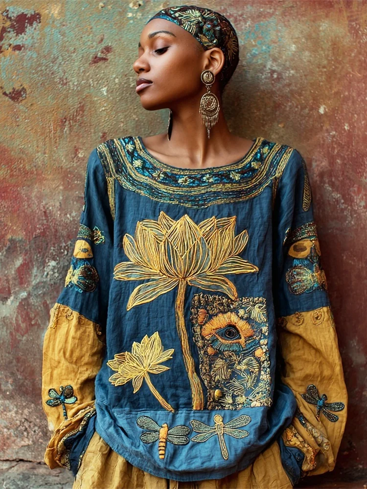 Egyptian Seshen Lotus & Dragonfly Pattern Women's Linen Loose Shirt