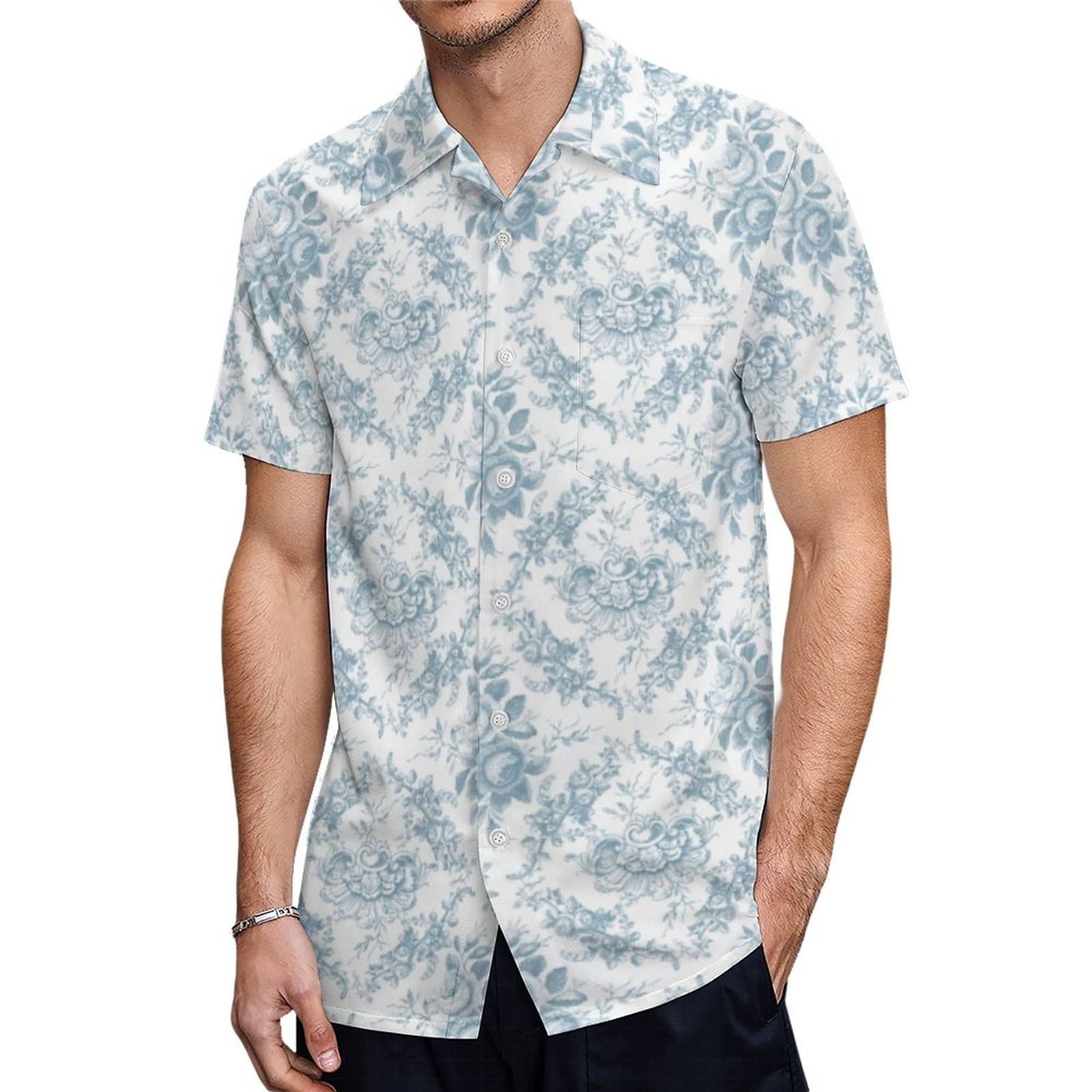 Romantic Engraved Blue And White Floral Toile Hawaiian Shirt Mens Button Down Tropical Hawaii Beach Shirts
