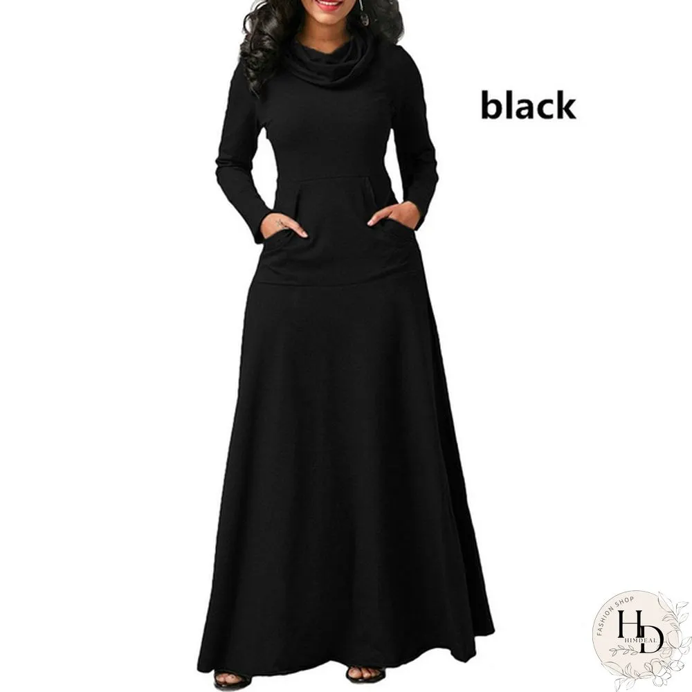 Autumn & Winter Womens Long Sleeve Dress-Pure Colors-Loose Maxi Casual Plus Size S-5Xl