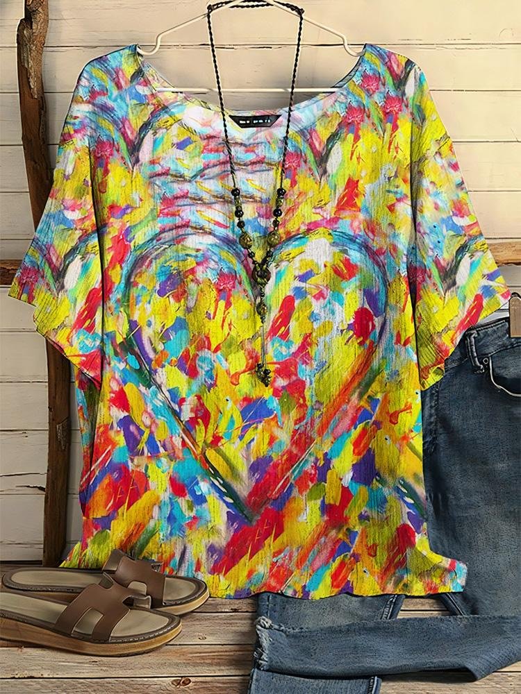 Women's Colorful Love Print Half-sleeve Round Neck T-shirt