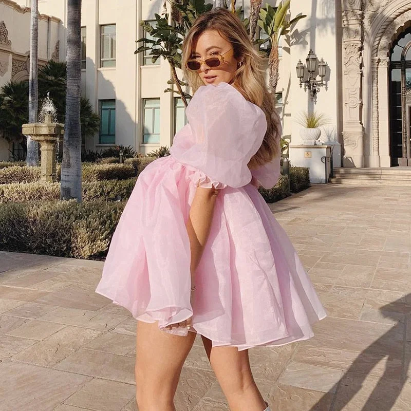 Women's Elegant Puff Sleeve Off Shoulder Tulle Princess Dress Mesh Ruffle Mini Short Dress For Wedding Cocktail Party Prom