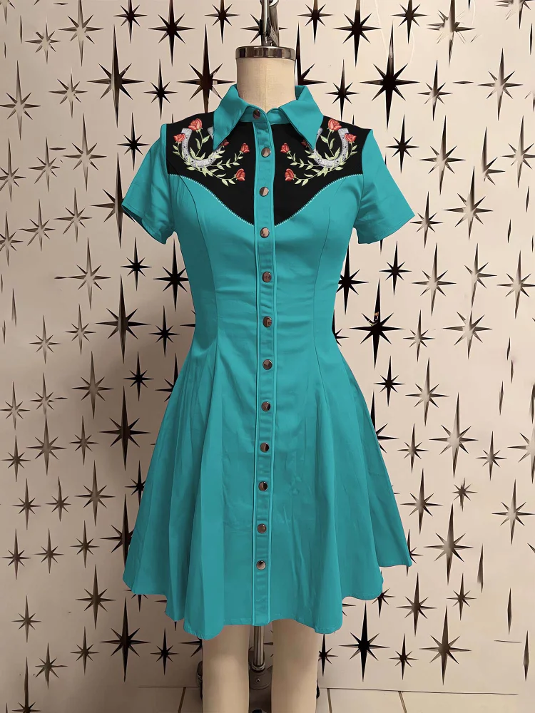 Western Vintage Flower Printed Shirt Dress