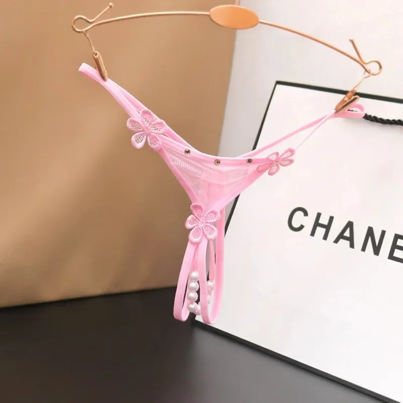 Billionm Women's Panties Sweet Underwear Open Crotch Thongs Embroidery Sexy Lingerie Erotic Beaded G-Strings Tanga g string