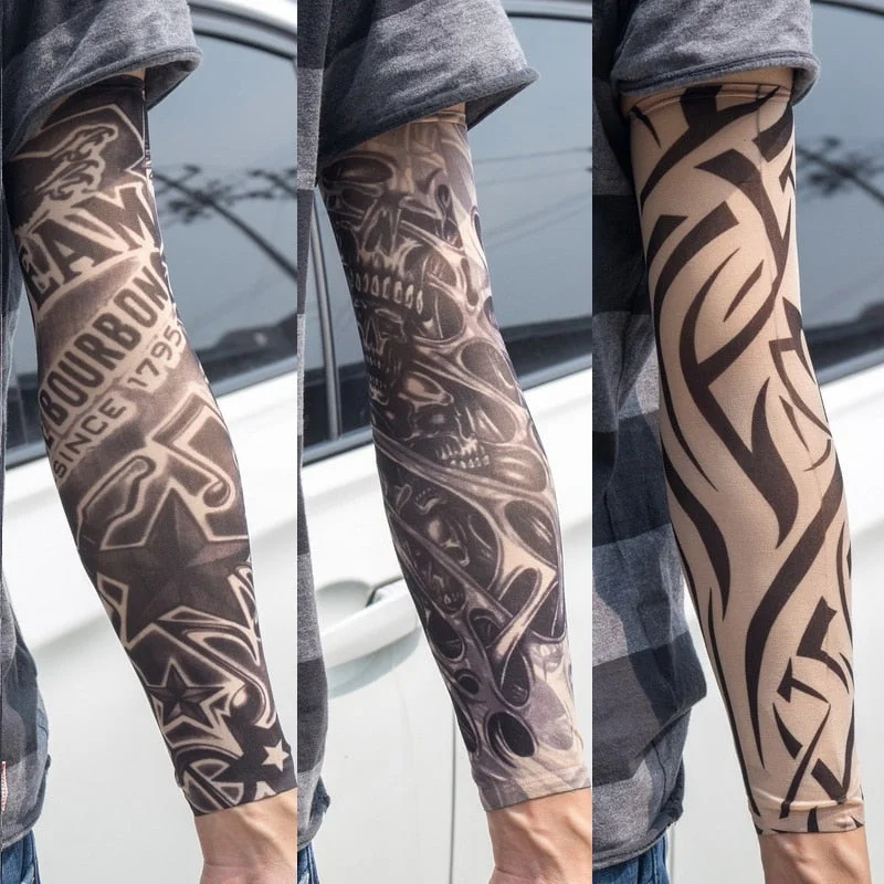 3PCS/lot new mixed 100%Nylon elastic Fake temporary tattoo sleeve skull wolf totem dragon designs body Arm stockings cool men