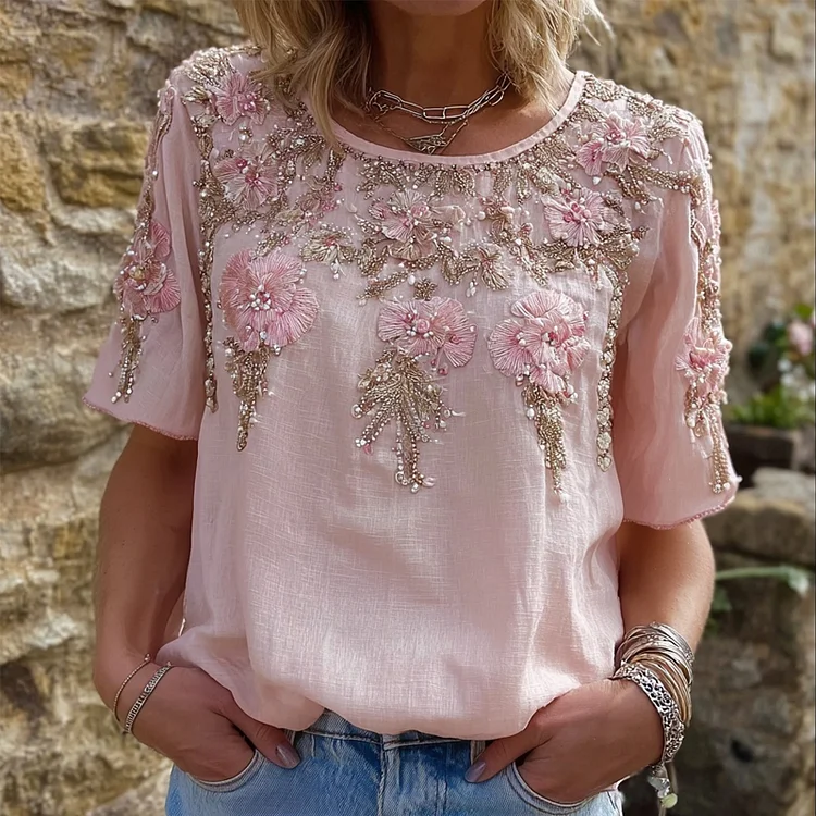 Vintage Pink Flowers Glitter Embroidered Linen Shirt